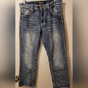 True Luck Jeans Men’s 32x30 Blue Embroidered Cracked Effect Straight Leg Denim